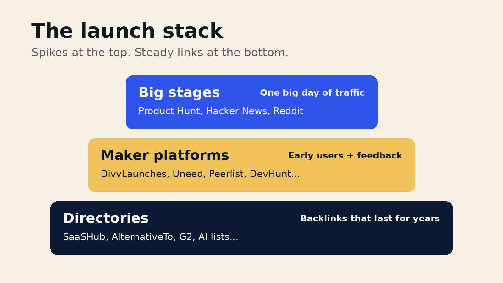 The launch stack: big stages for spikes, directories for lasting links