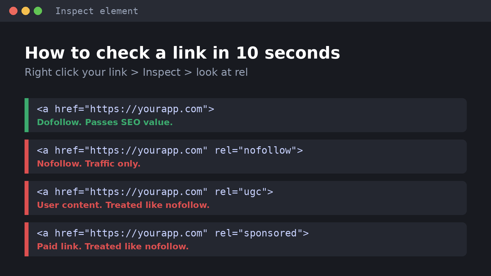 Right click your link, choose Inspect, and look at the rel attribute