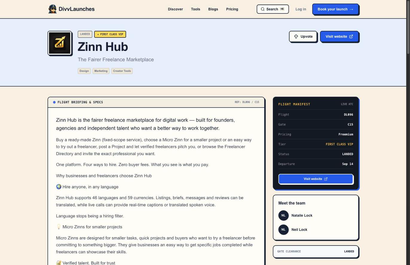 Zinn Hub's listing on DivvLaunches